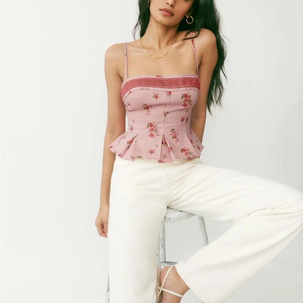 Reformation Pink Floral Peplum Tank Top Meryl Linen Top